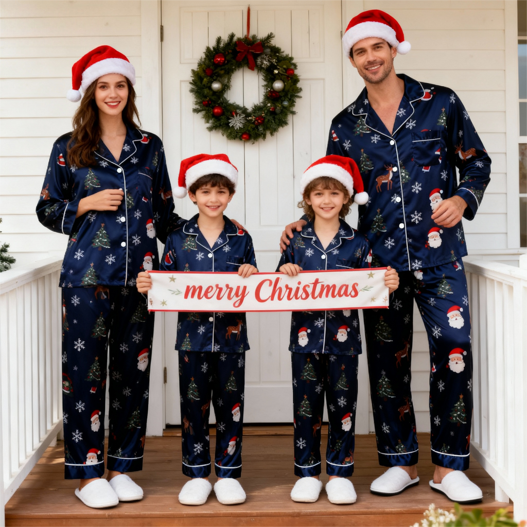 Holiday Family Button-Up Navy Blue Satin Christmas Pajamas Set