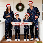 Holiday Family Button-Up Navy Blue Satin Christmas Pajamas Set