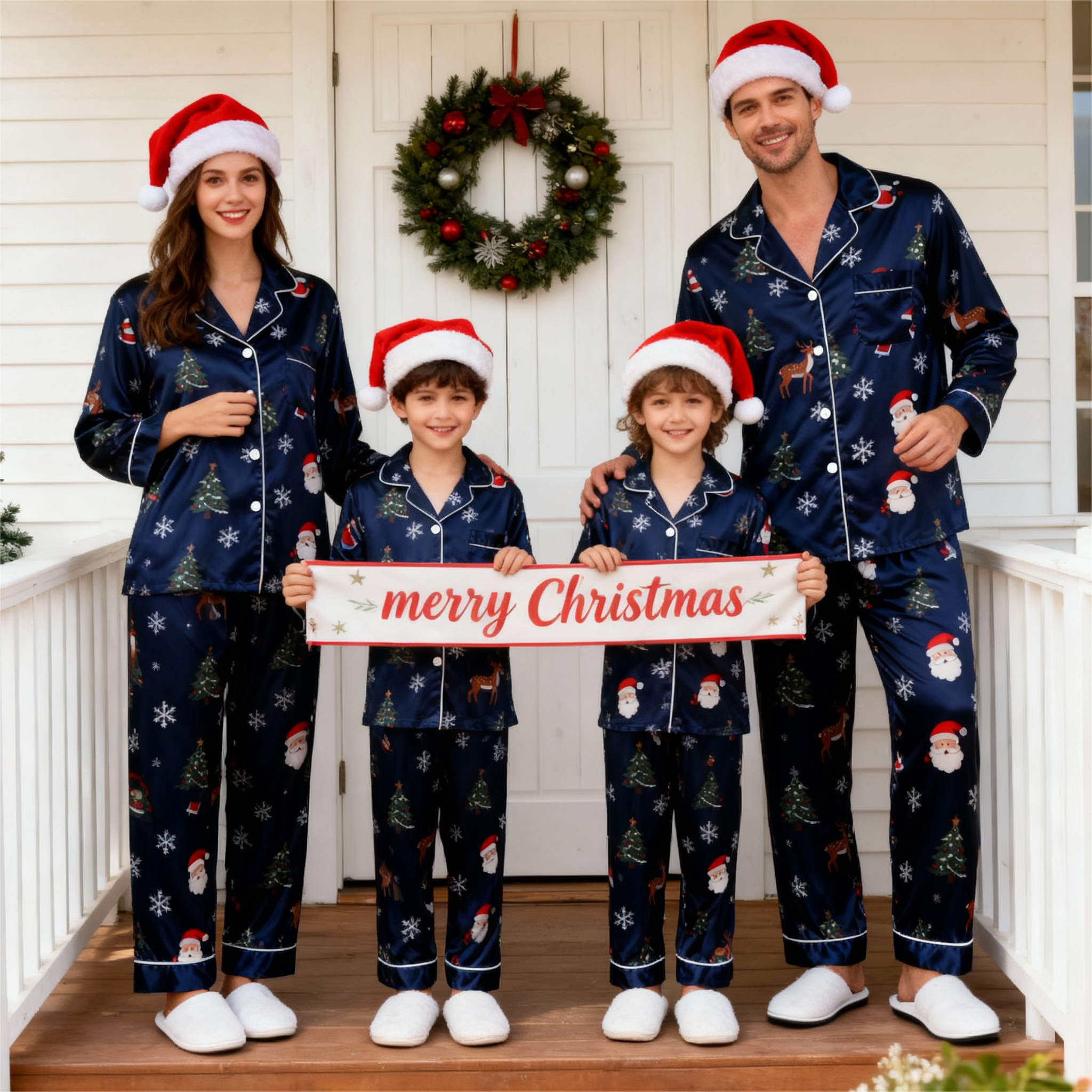 Holiday Family Button-Up Navy Blue Satin Christmas Pajamas Set