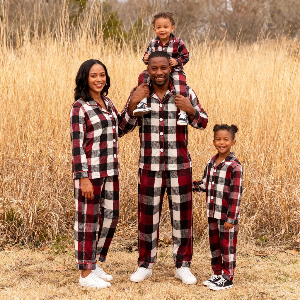 Family Christmas Red and White Plaid Button-Front Pajamas Sets