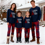 Christmas Tube and Letter Print Blue Long Sleeve Top with Red & Blue Plaid Family Matching Pajamas