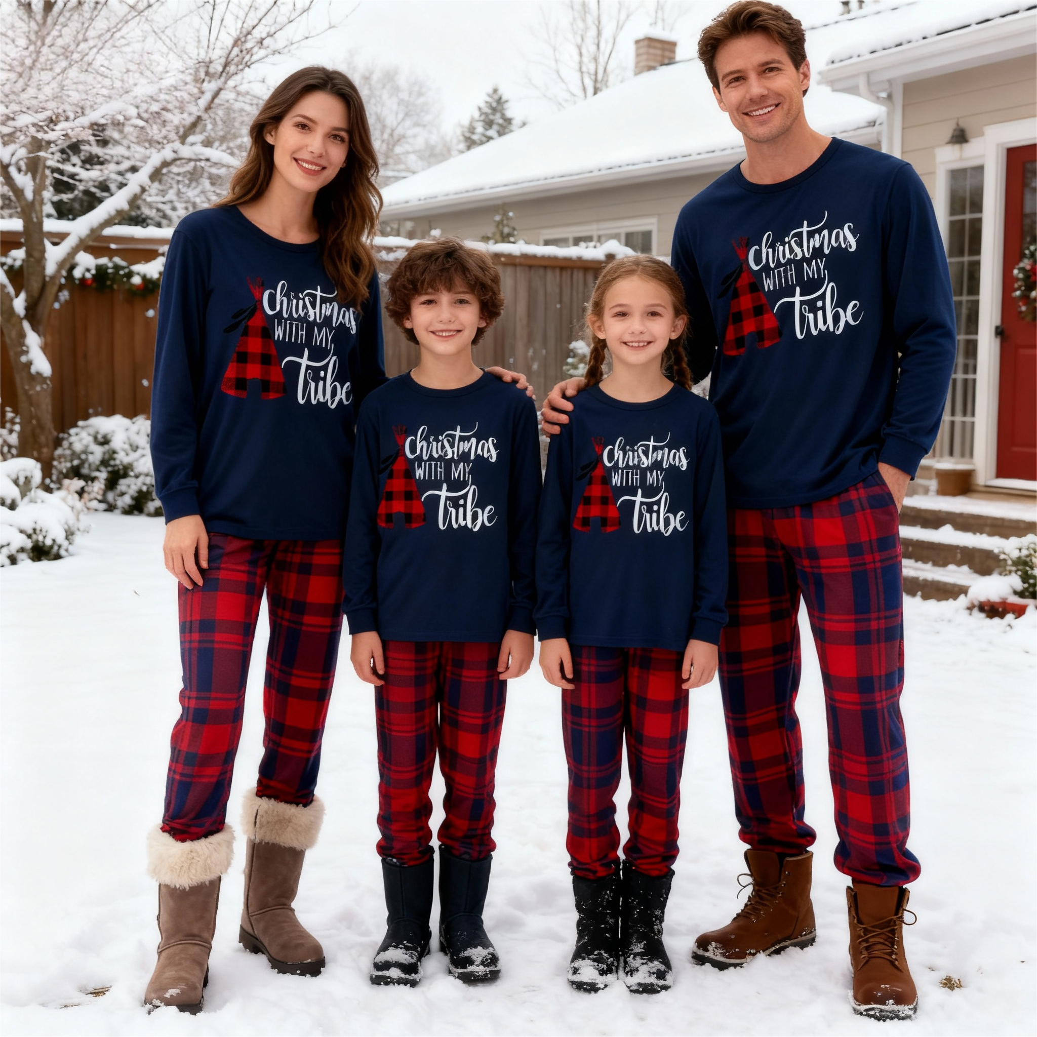 Christmas Tube and Letter Print Blue Long Sleeve Top with Red & Blue Plaid Family Matching Pajamas