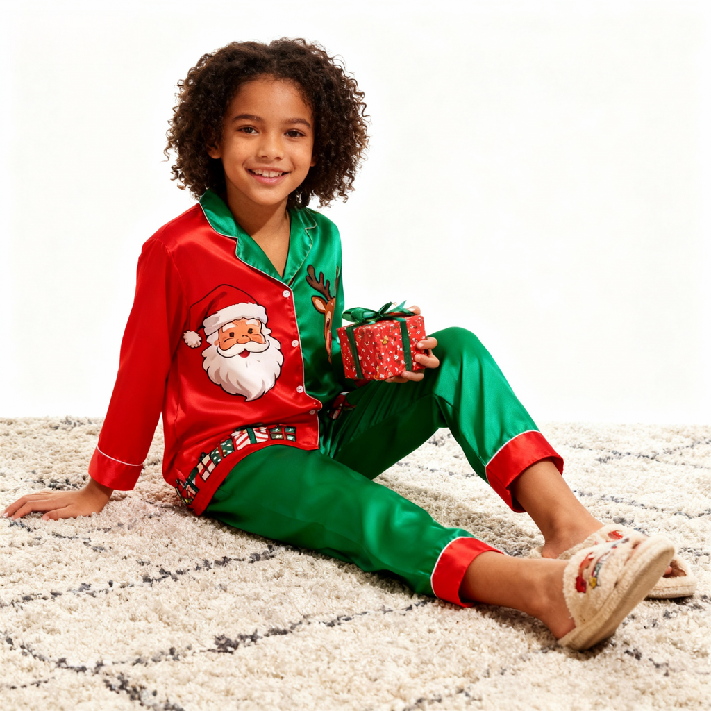 Holiday Family Santa Claus Button-Up Satin Christmas Pajamas Set