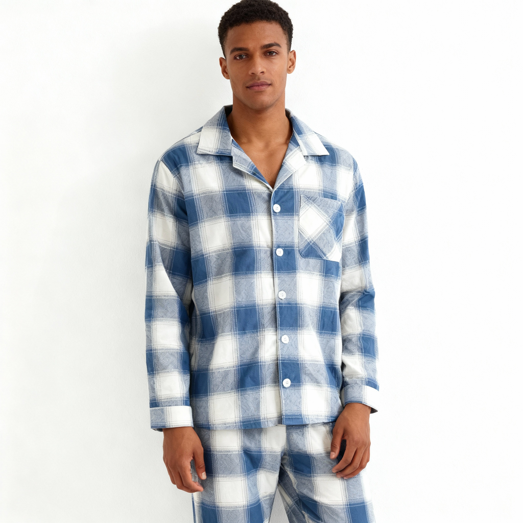 Family Matching Pajamas Blue and White Plaid Cotton Set