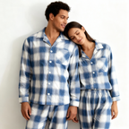 Family Matching Pajamas Blue and White Plaid Cotton Set