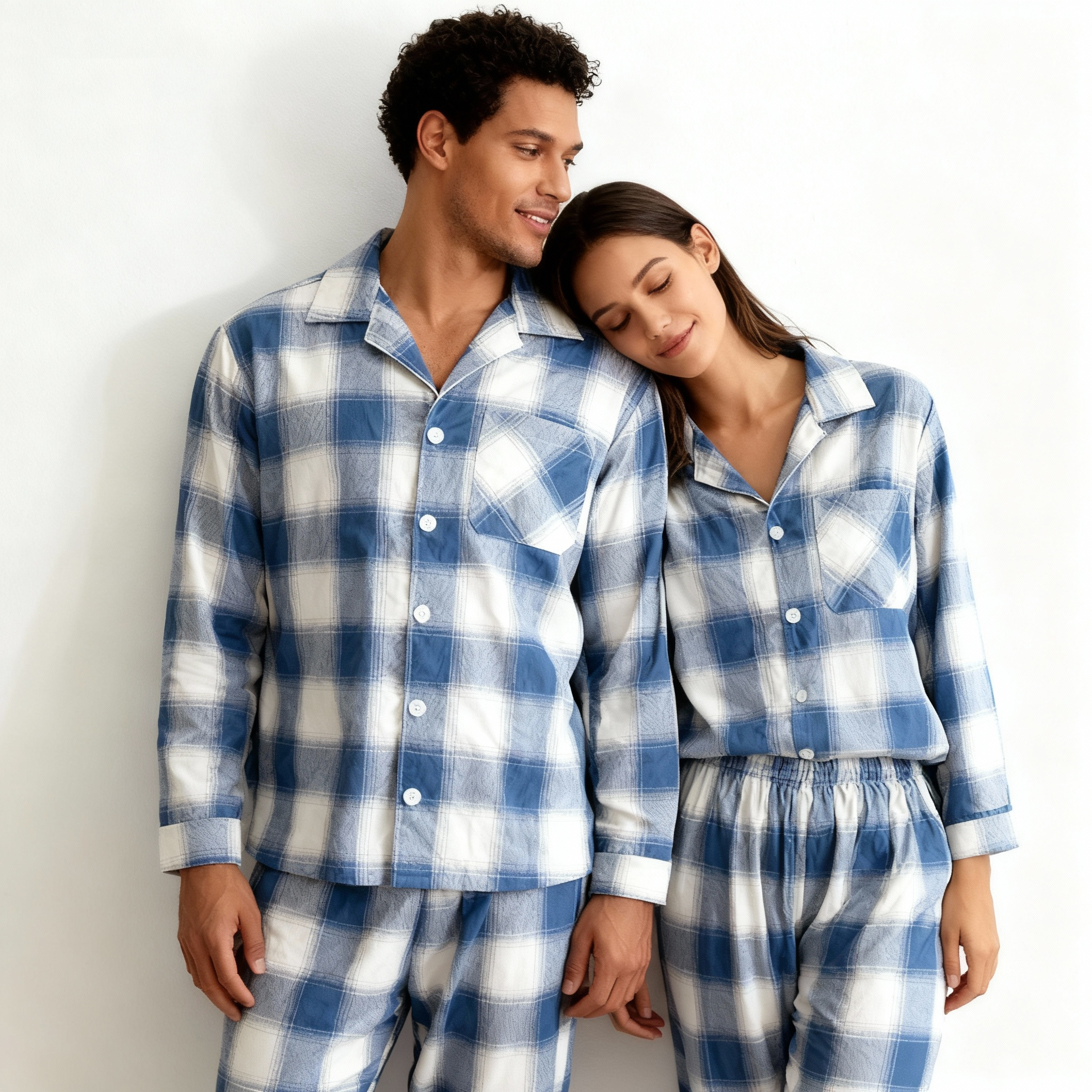 Family Matching Pajamas Blue and White Plaid Cotton Set