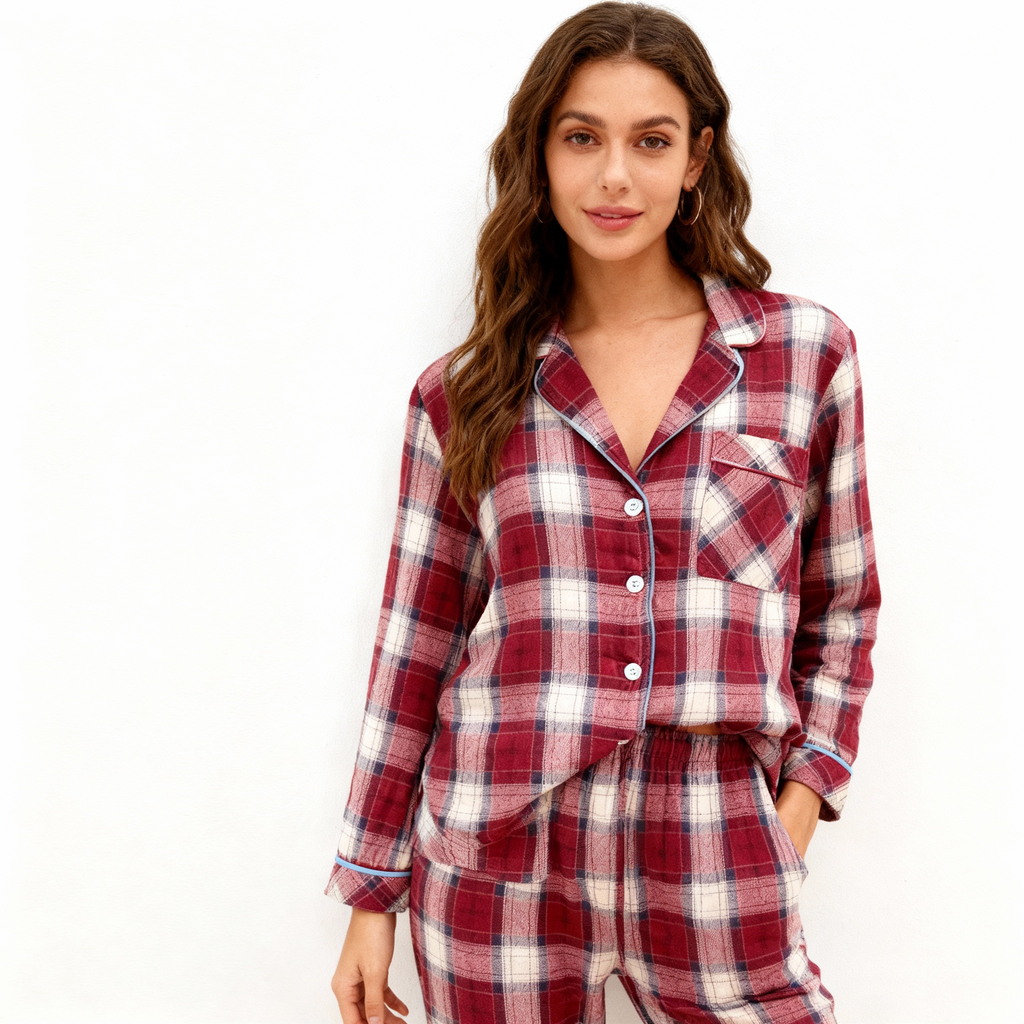 Cozy Family Christmas Pajamas Red and White Plaid Cotton Set
