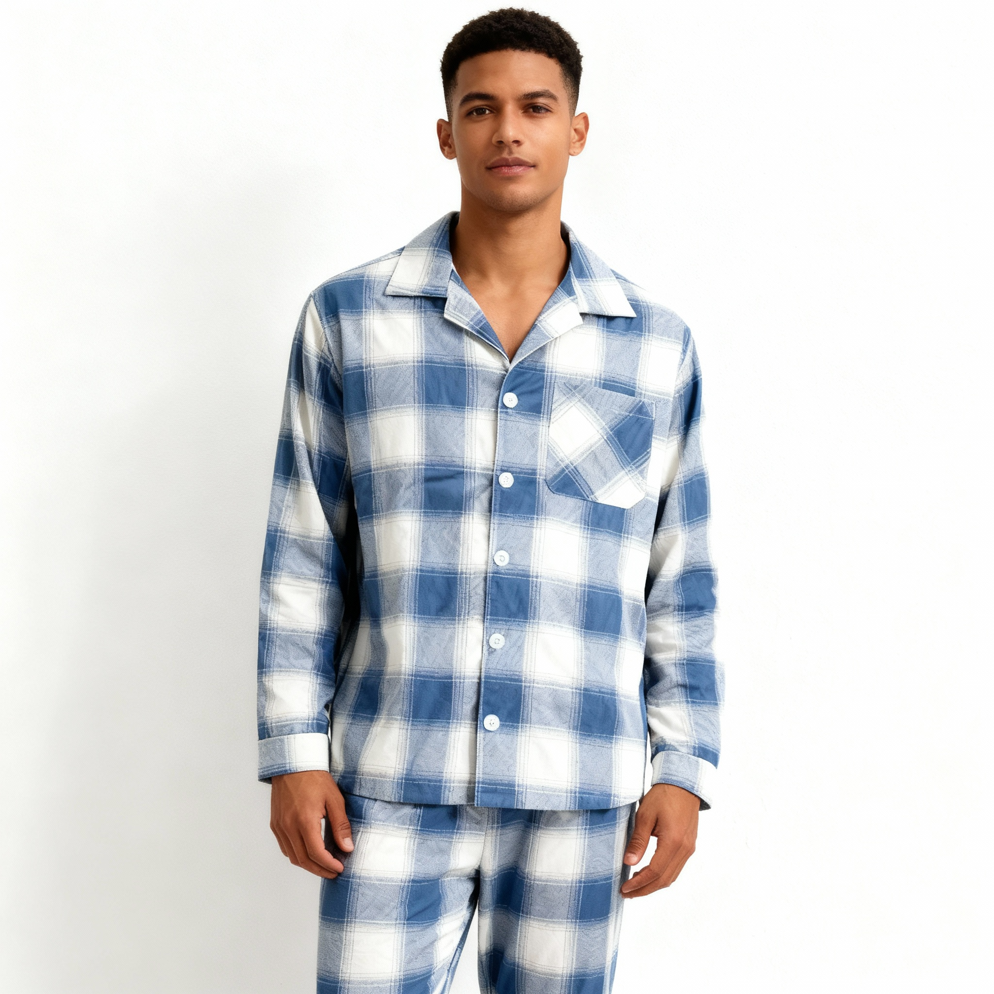 Family Matching Pajamas Blue and White Plaid Cotton Set