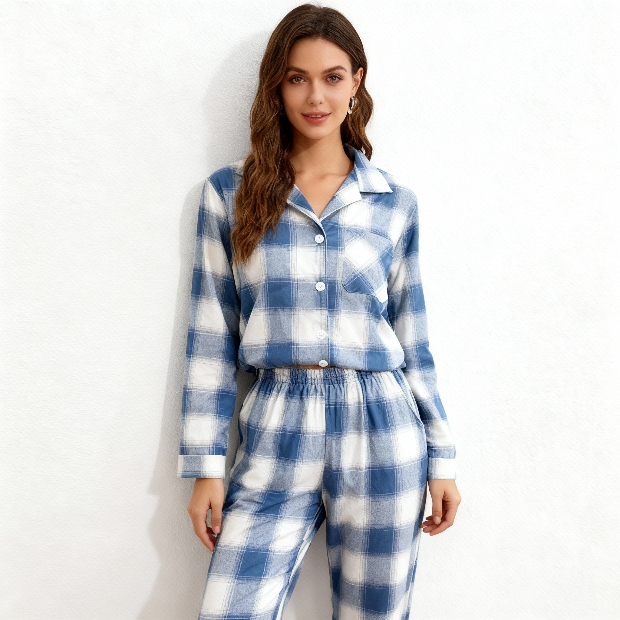 Family Matching Pajamas Blue and White Plaid Cotton Set