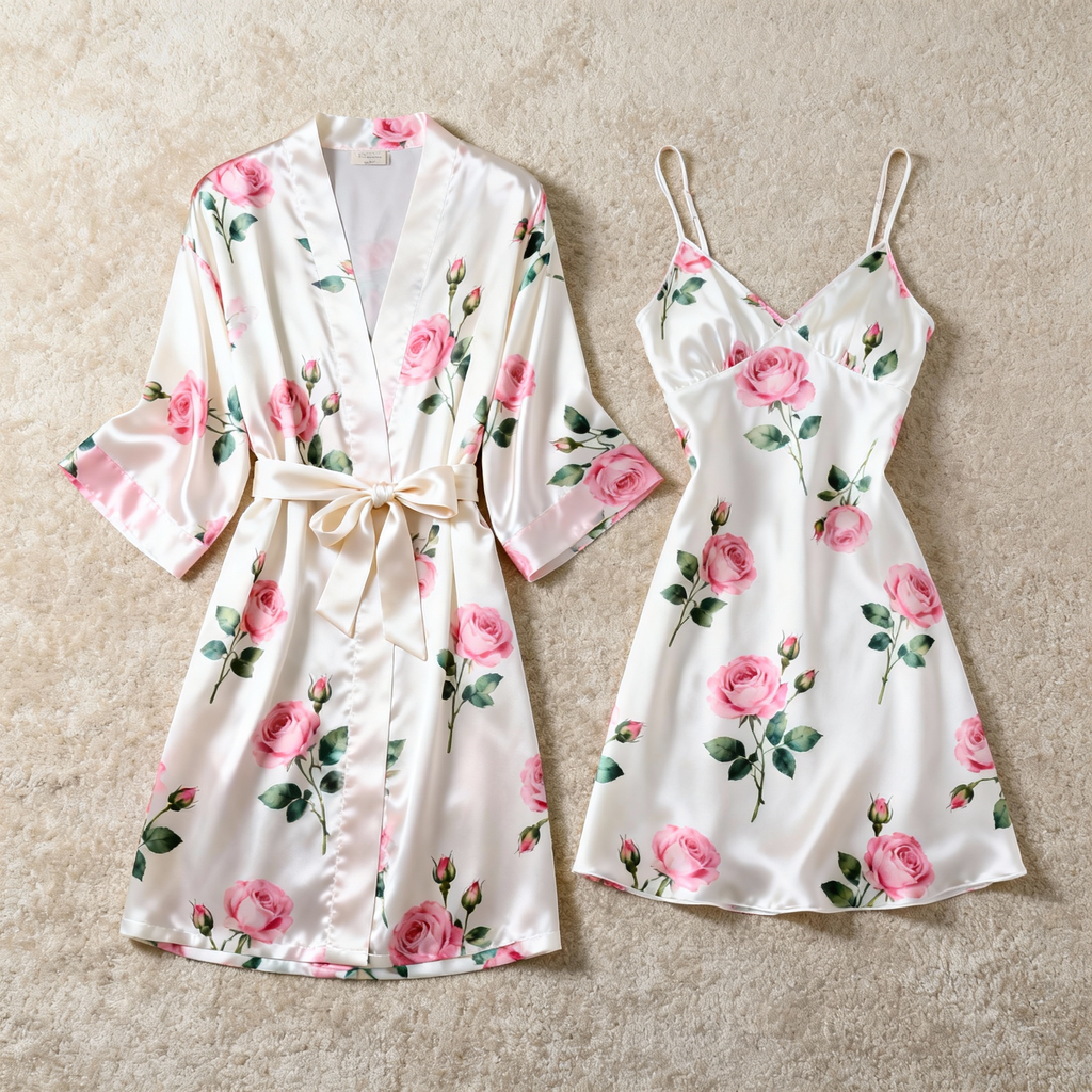 Floral Print Satin Robe & Slip Nightgown Set