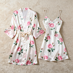 Floral Print Satin Robe & Slip Nightgown Set