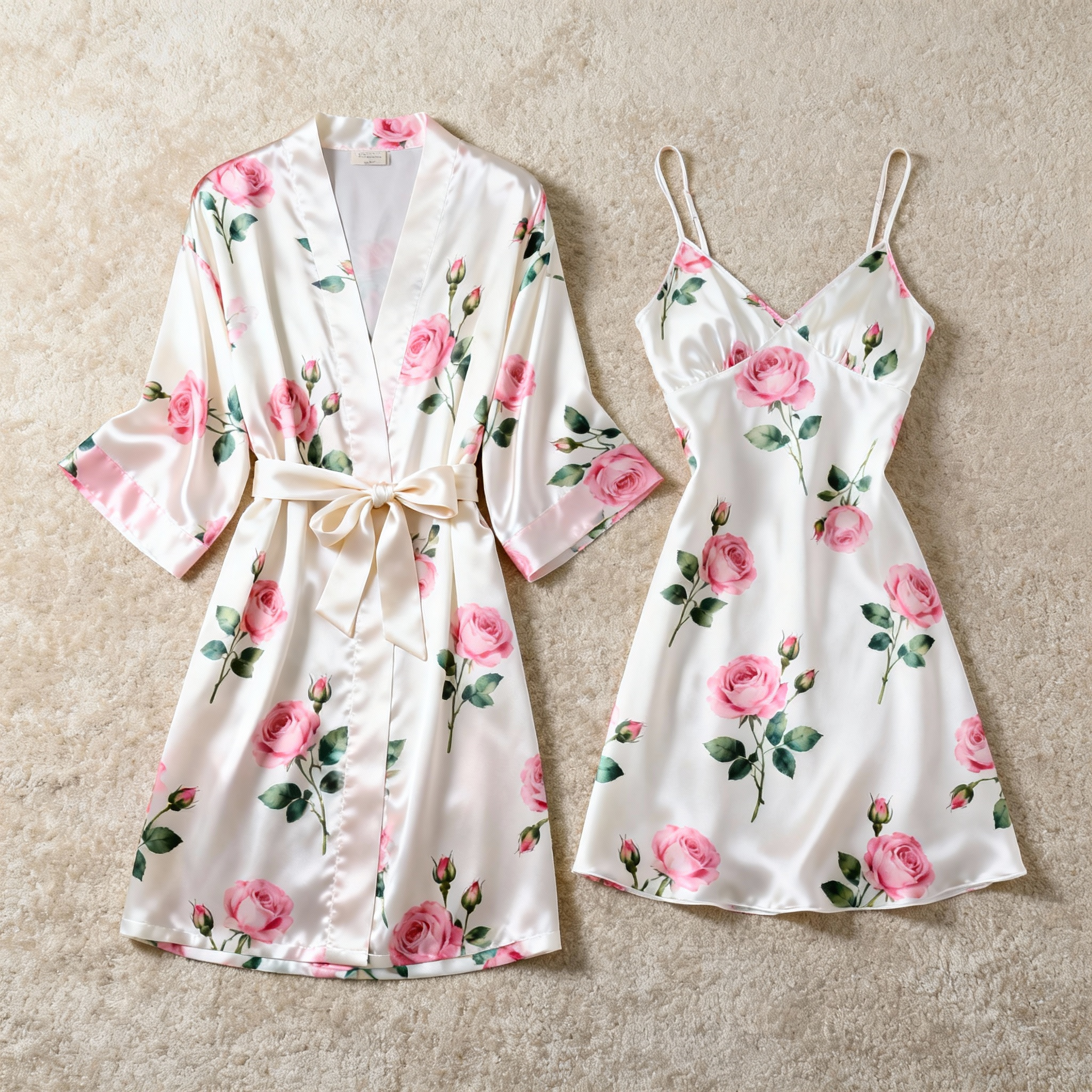 Floral Print Satin Robe & Slip Nightgown Set