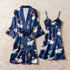 Elegant Satin Robe & Nightgown Set - Printed Pajamas