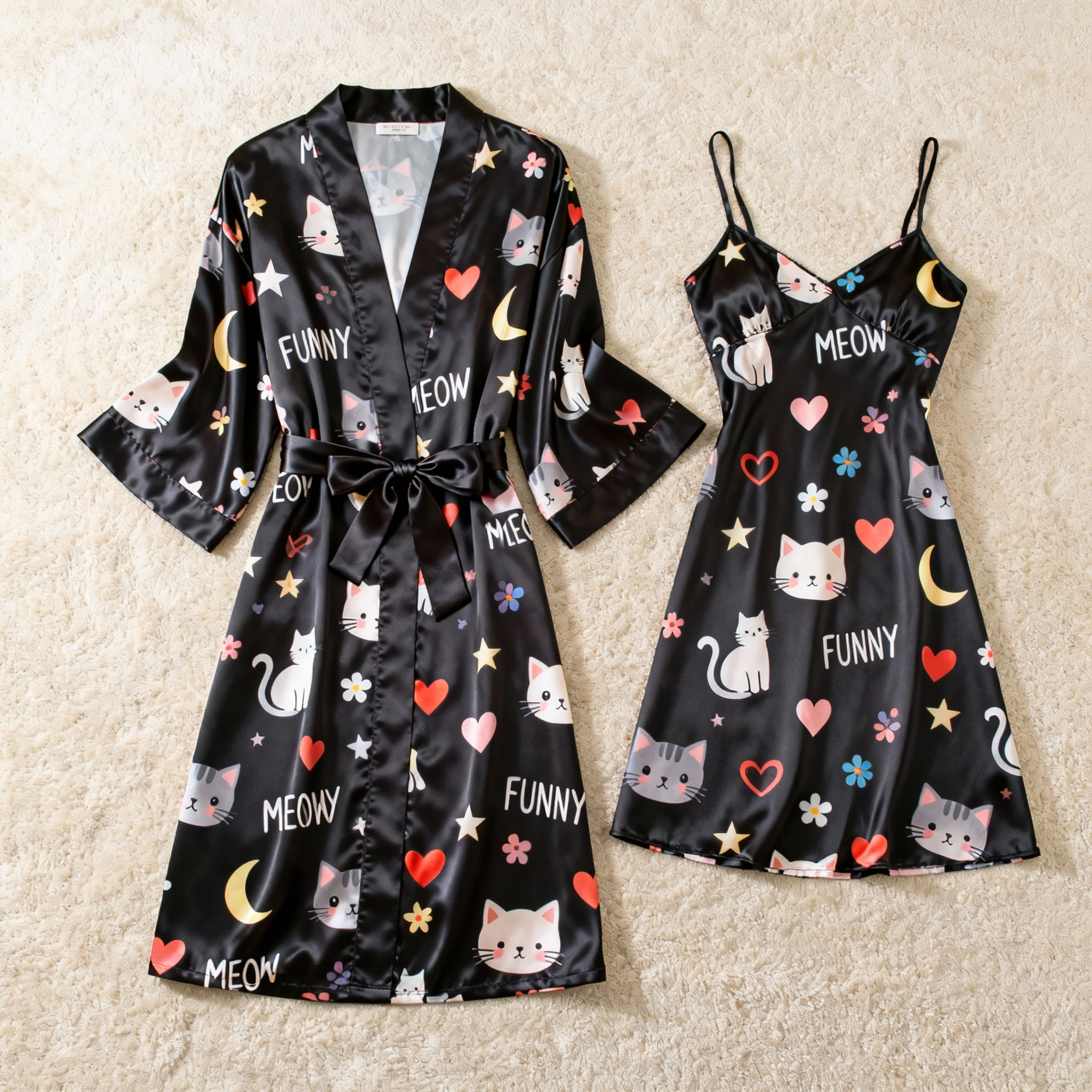Elegant Satin Robe & Nightgown Set - Cute Cat Printed Pajamas