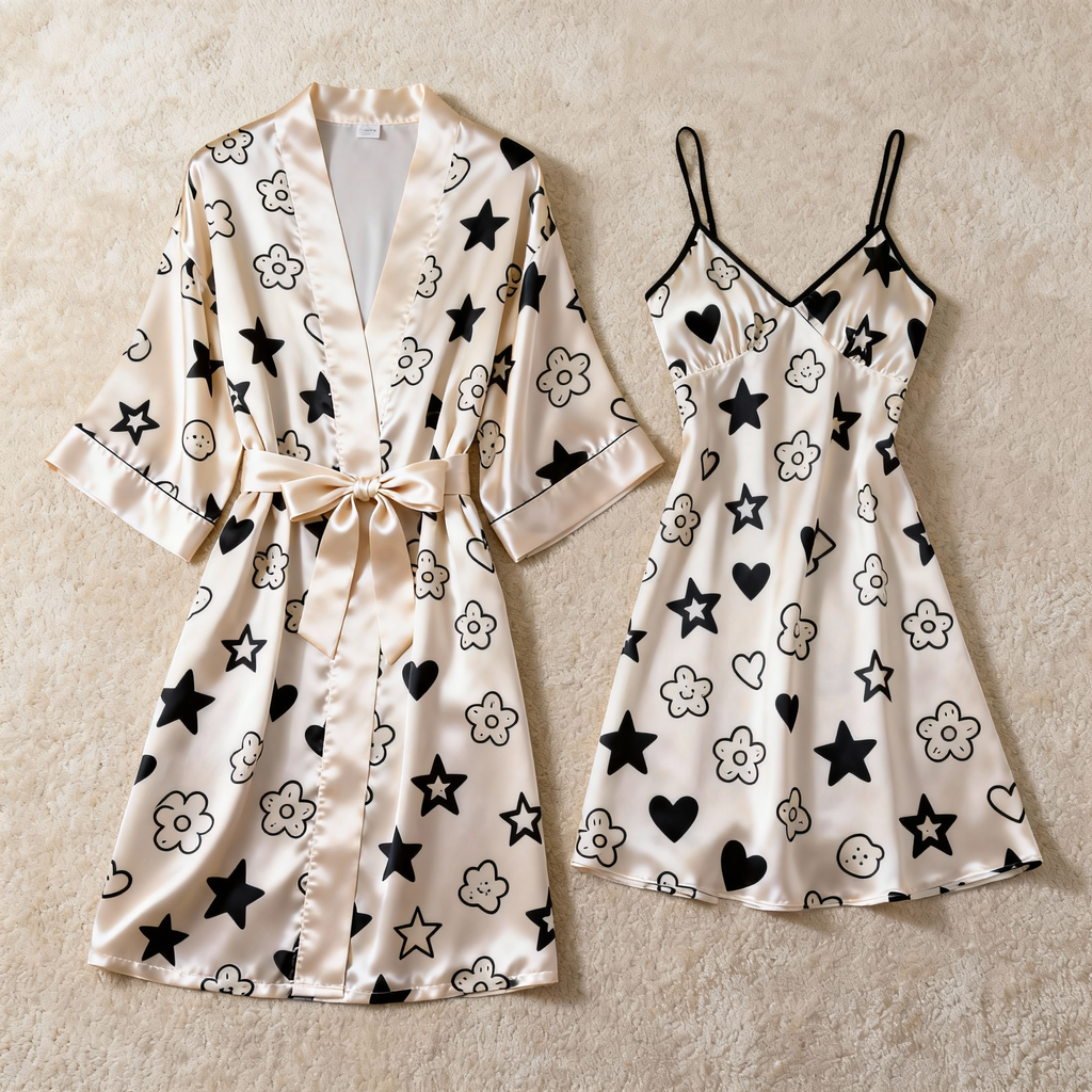 Flowy Satin Robe with Matching Chemise - Floral Sleepwear Set