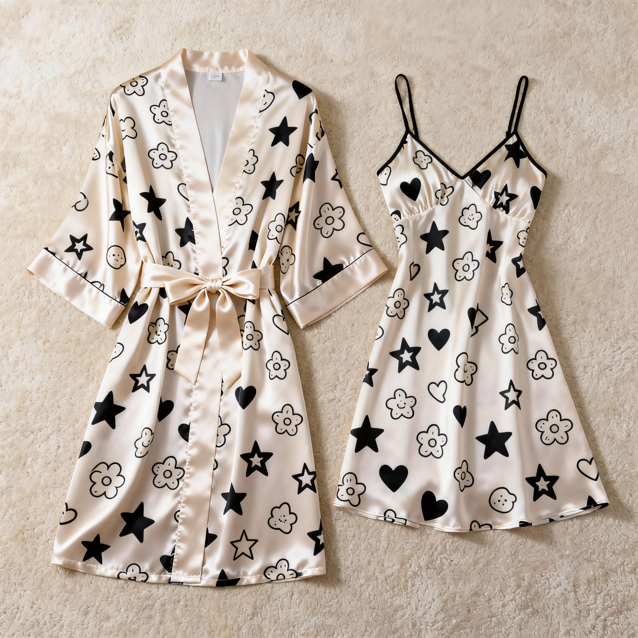 Flowy Satin Robe with Matching Chemise - Floral Sleepwear Set