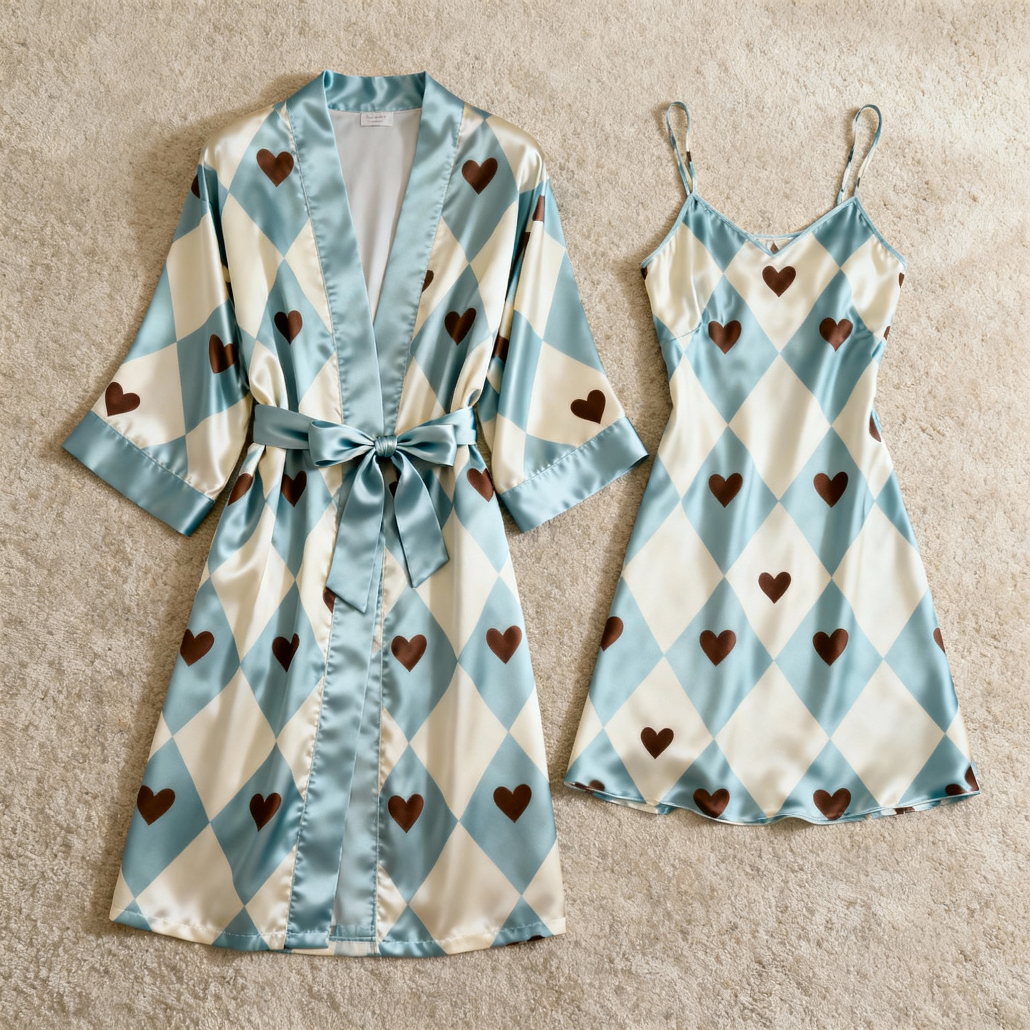Soft Satin Robe & Nightgown Set - Heart Pattern Sleepwear