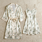 Soft Satin Robe & Slip Set - Floral Pattern Sleepwear
