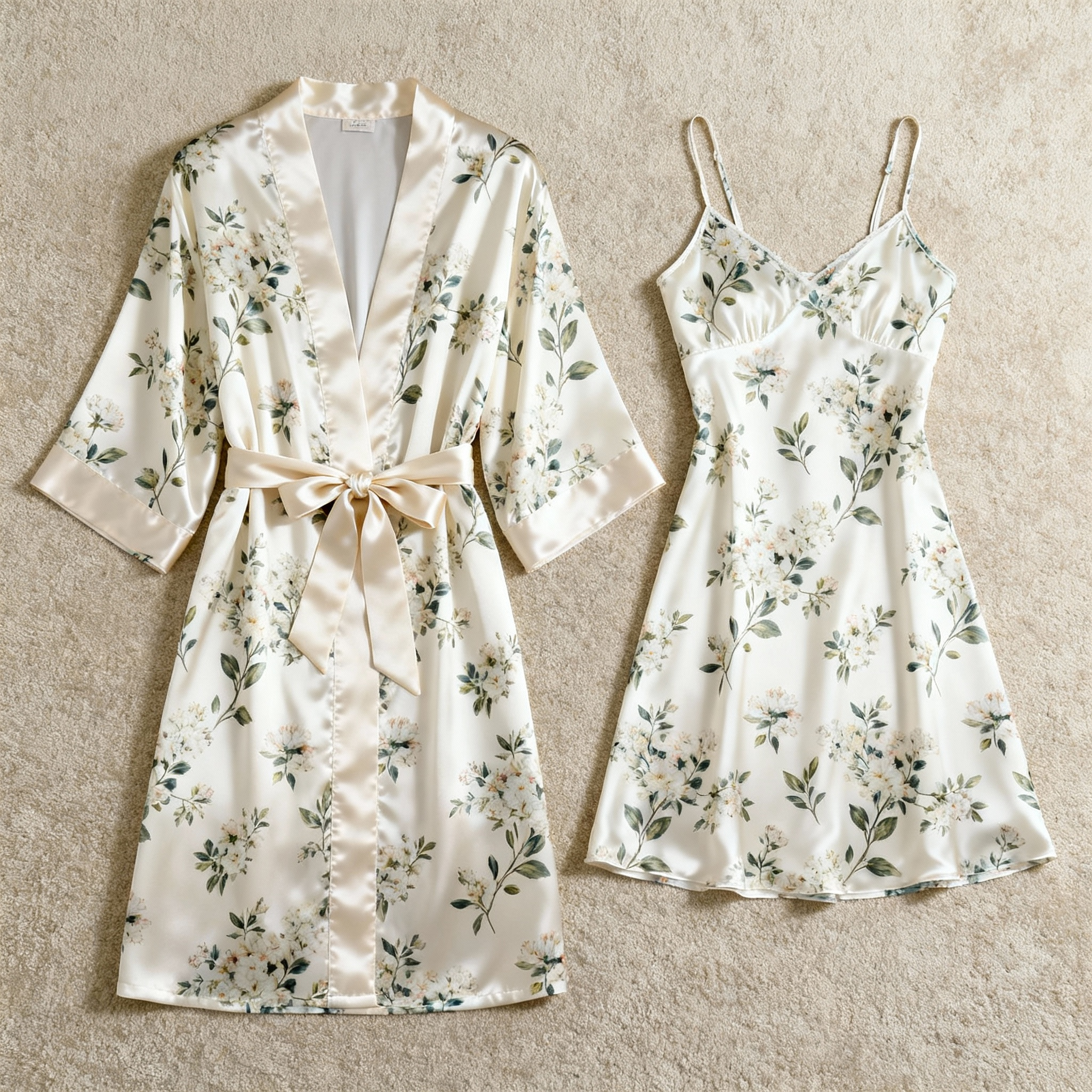 Soft Satin Robe & Slip Set - Floral Pattern Sleepwear