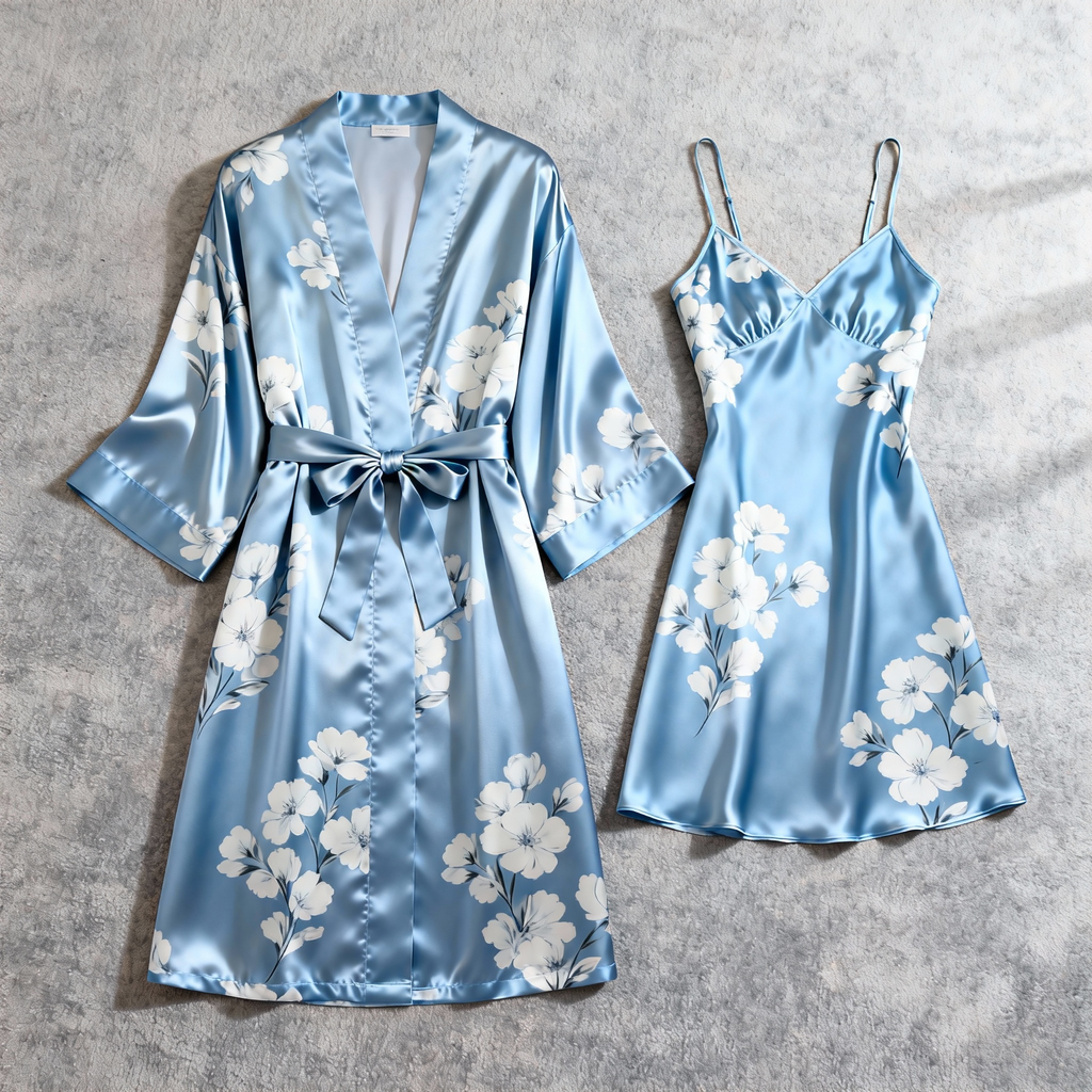 Feminine Satin Sleep Robe & Slip Dress Set - Floral Design