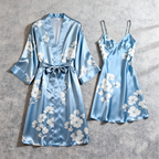 Feminine Satin Sleep Robe & Slip Dress Set - Floral Design