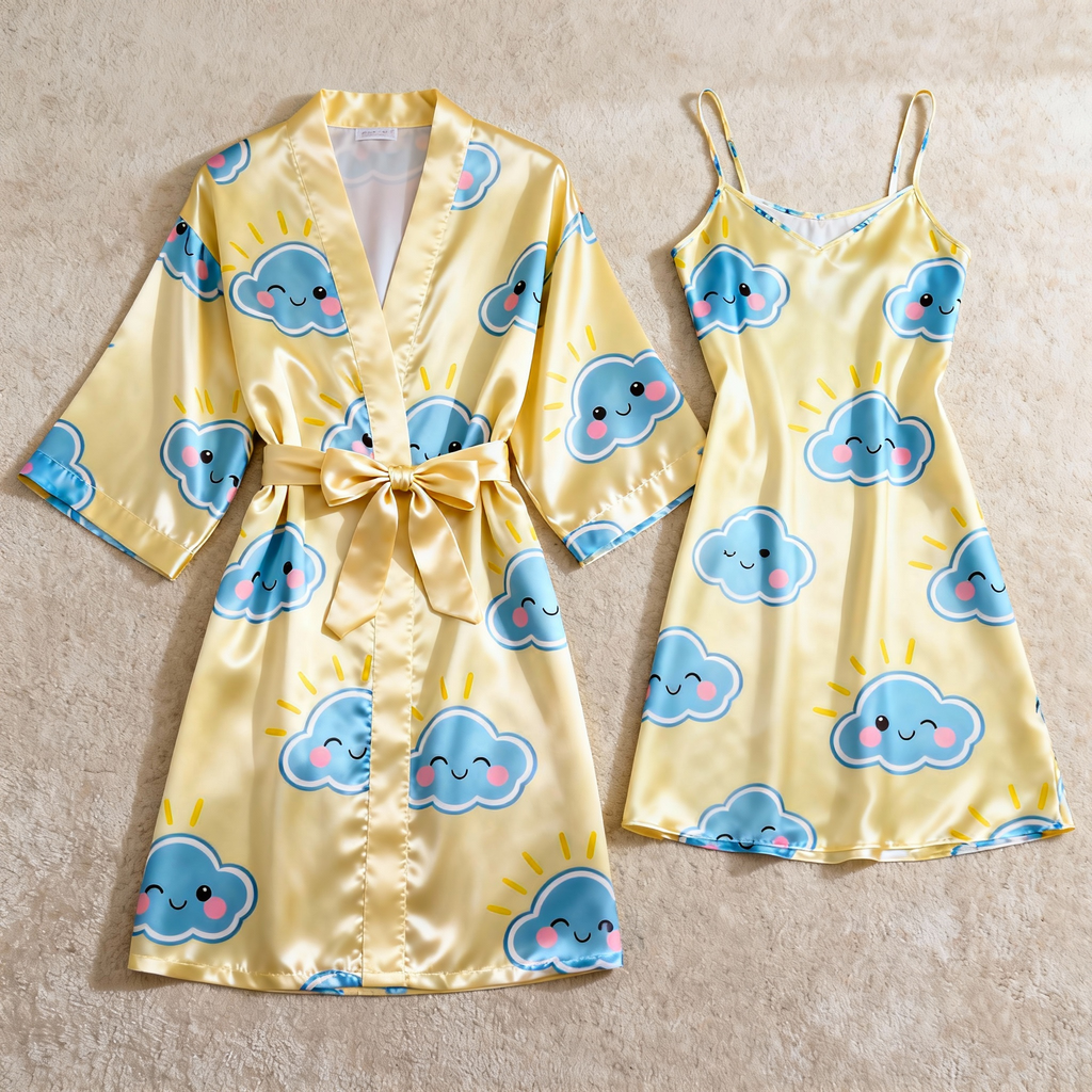 Summer Satin Robe & Nightgown Set - Cartoon Cloud Pattern Printed