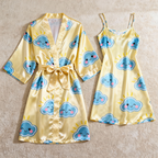 Summer Satin Robe & Nightgown Set - Cartoon Cloud Pattern Printed