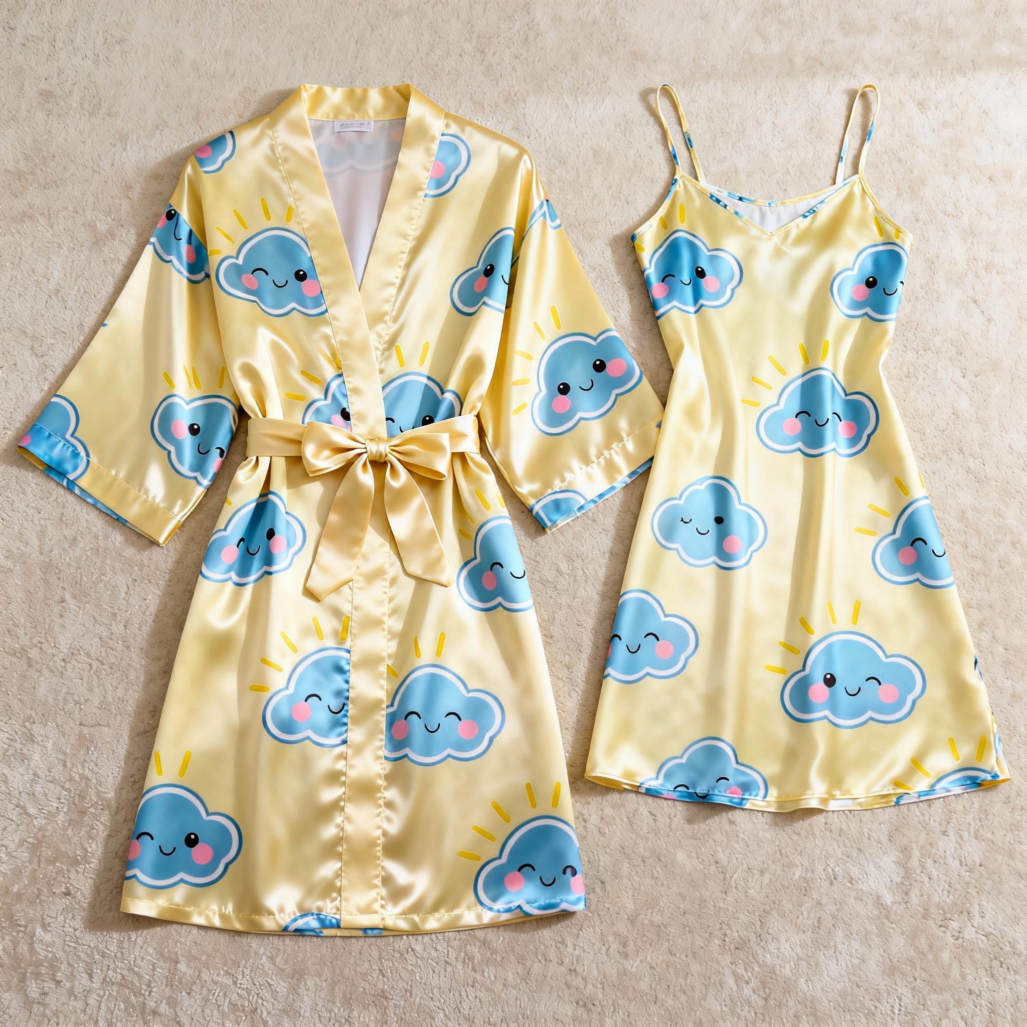 Summer Satin Robe & Nightgown Set - Cartoon Cloud Pattern Printed