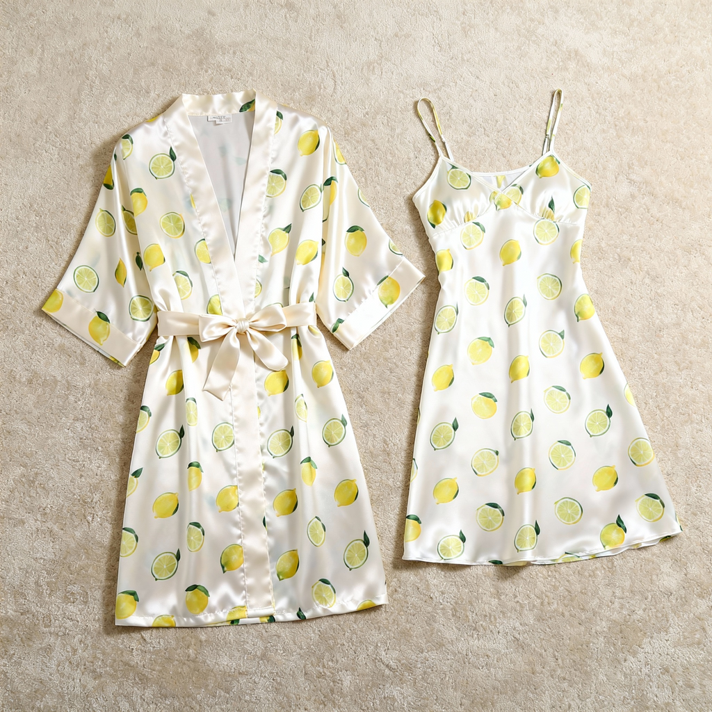 Satin Robe & Nightgown Set - Lemon Pattern Printed