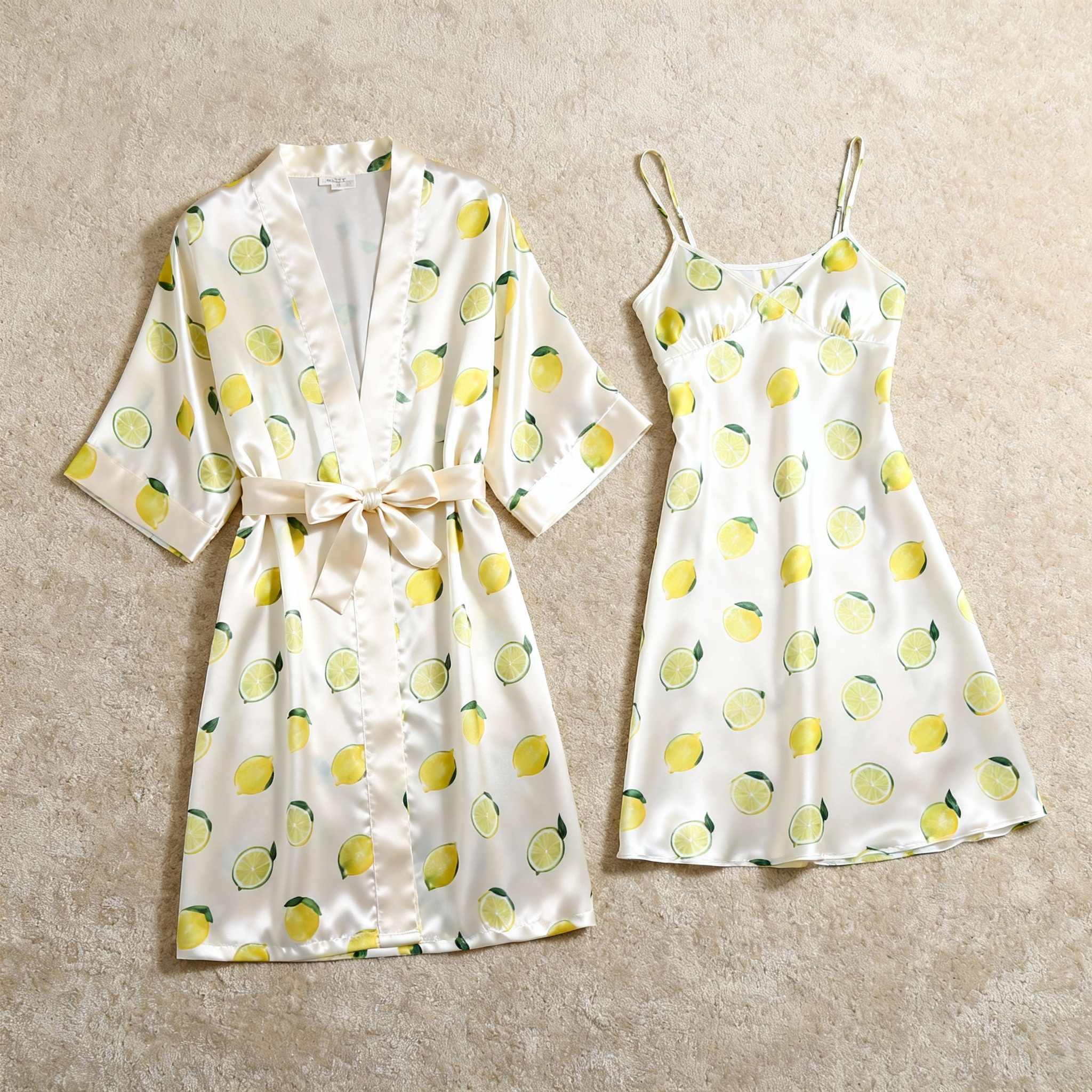 Satin Robe & Nightgown Set - Lemon Pattern Printed