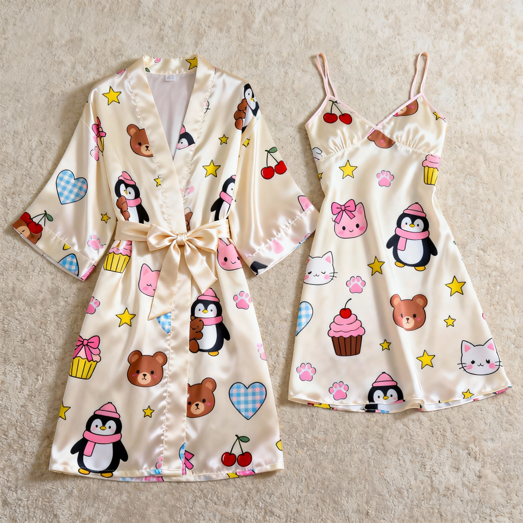 Satin Robe & Nightgown Set - Cartoon Pattern Printed