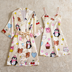 Satin Robe & Nightgown Set - Cartoon Pattern Printed