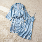 Light Blue Satin Robe & Nightgown Set - Flower Pattern Printed