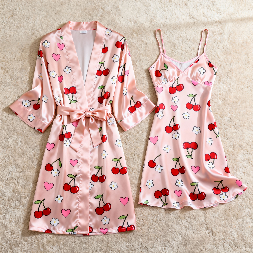 Pink Satin Robe & Nightgown Set - Cherry Pattern Printed