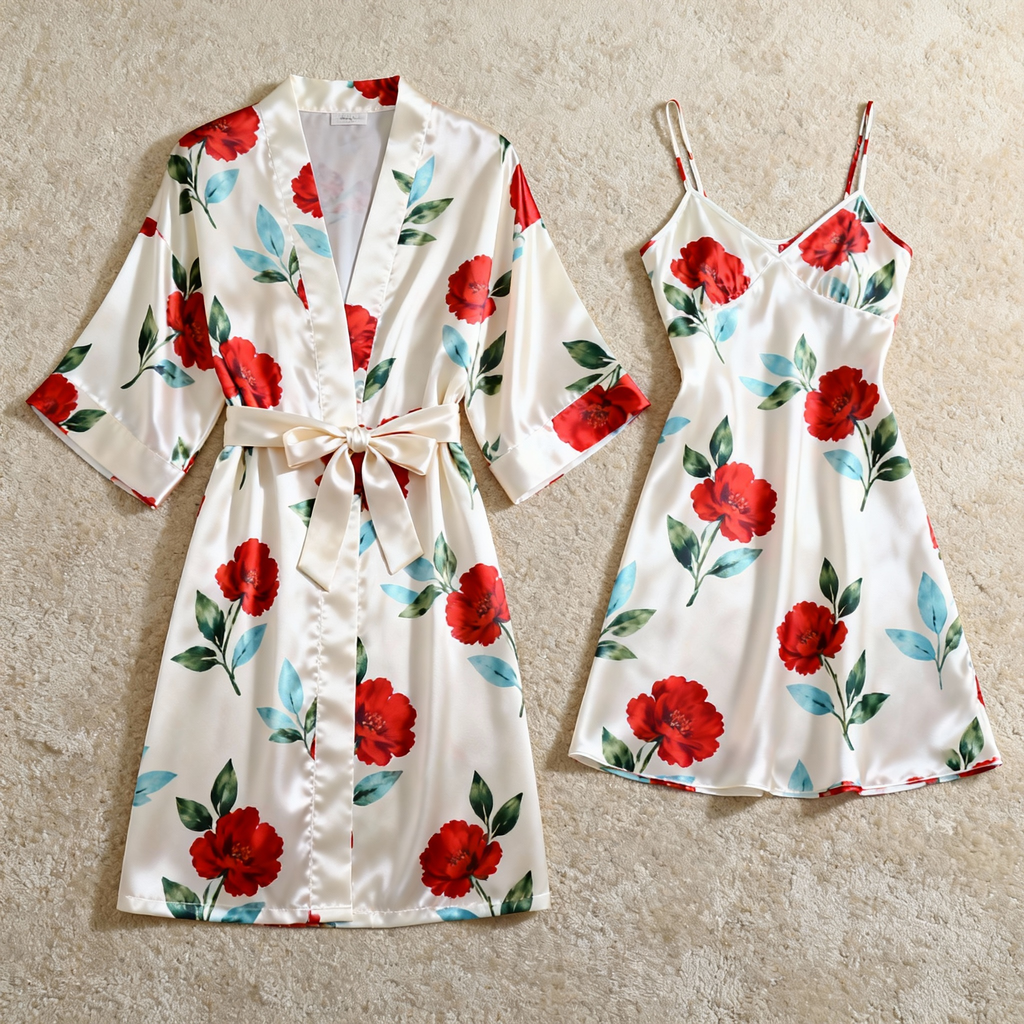Delicate Floral Print Satin Robe & Slip Set - Women's Loungewear