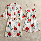 Delicate Floral Print Satin Robe & Slip Set - Women's Loungewear