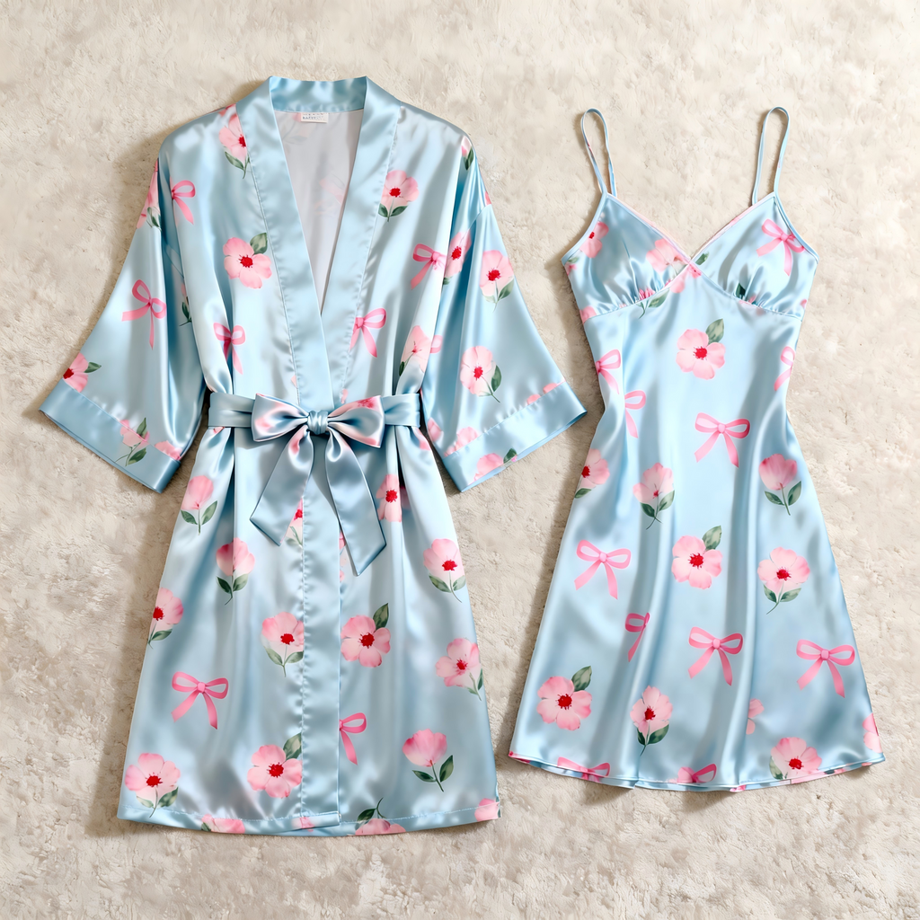 Satin Robe & Slip Nightgown Set - Floral Pattern Printed
