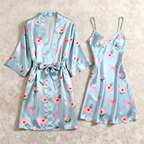 Satin Robe & Slip Nightgown Set - Floral Pattern Printed
