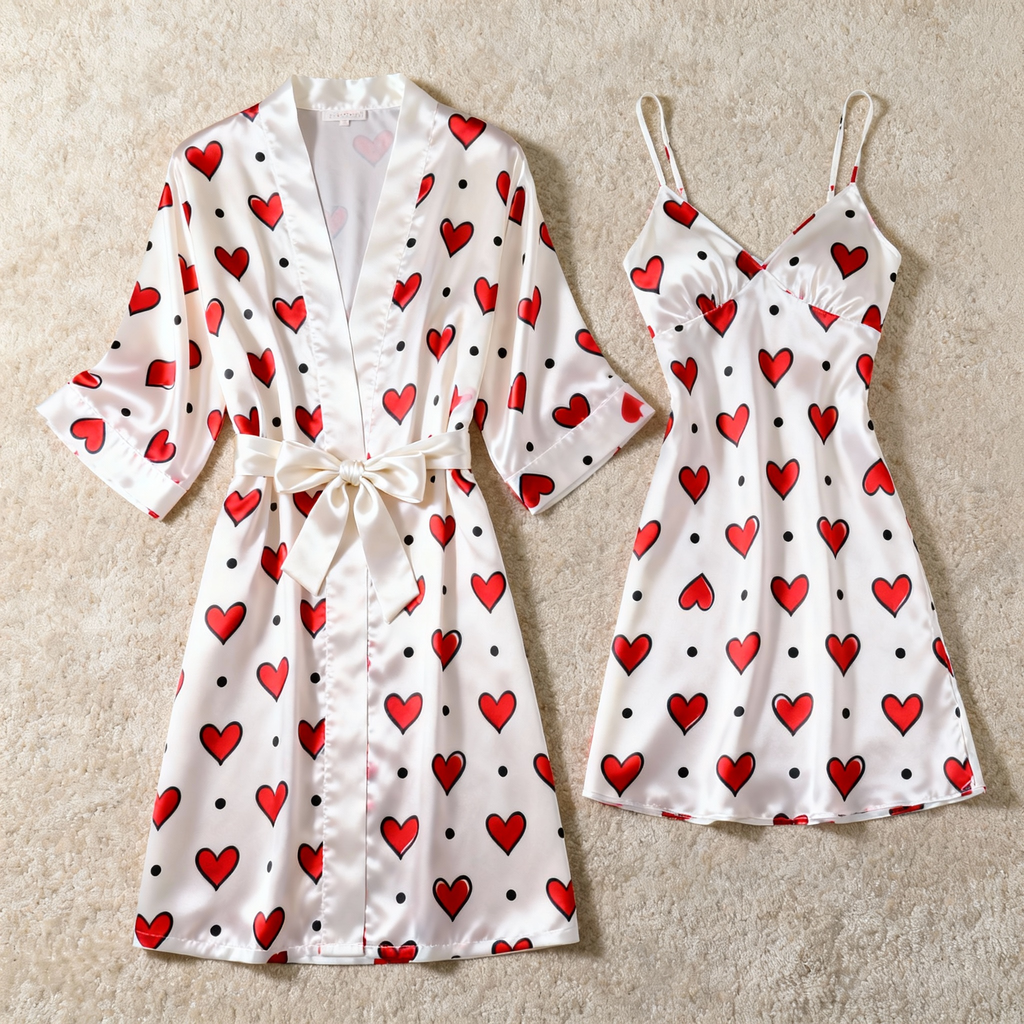 Romantic Heart Printed Satin Robe & Nightdress Set