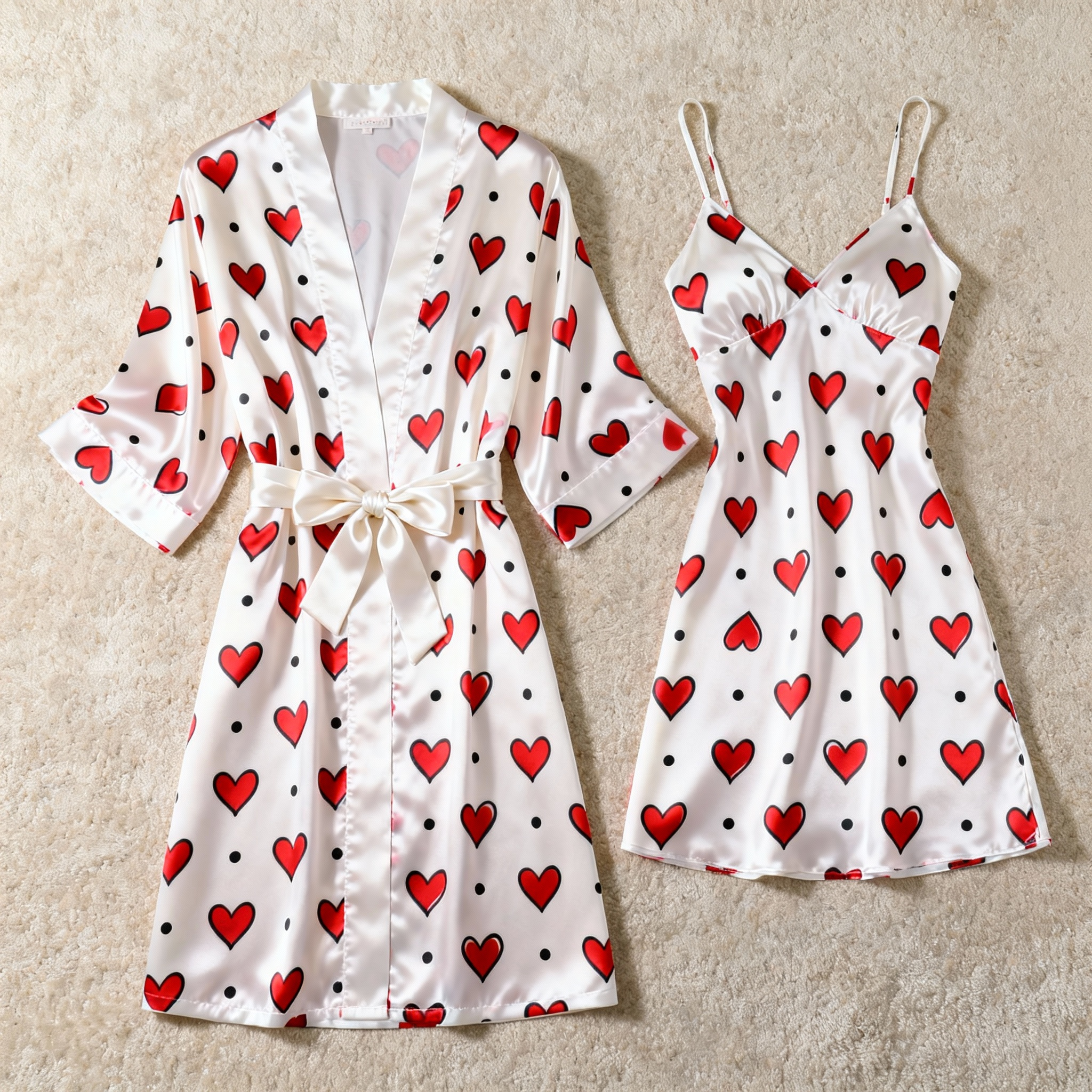Romantic Heart Printed Satin Robe & Nightdress Set