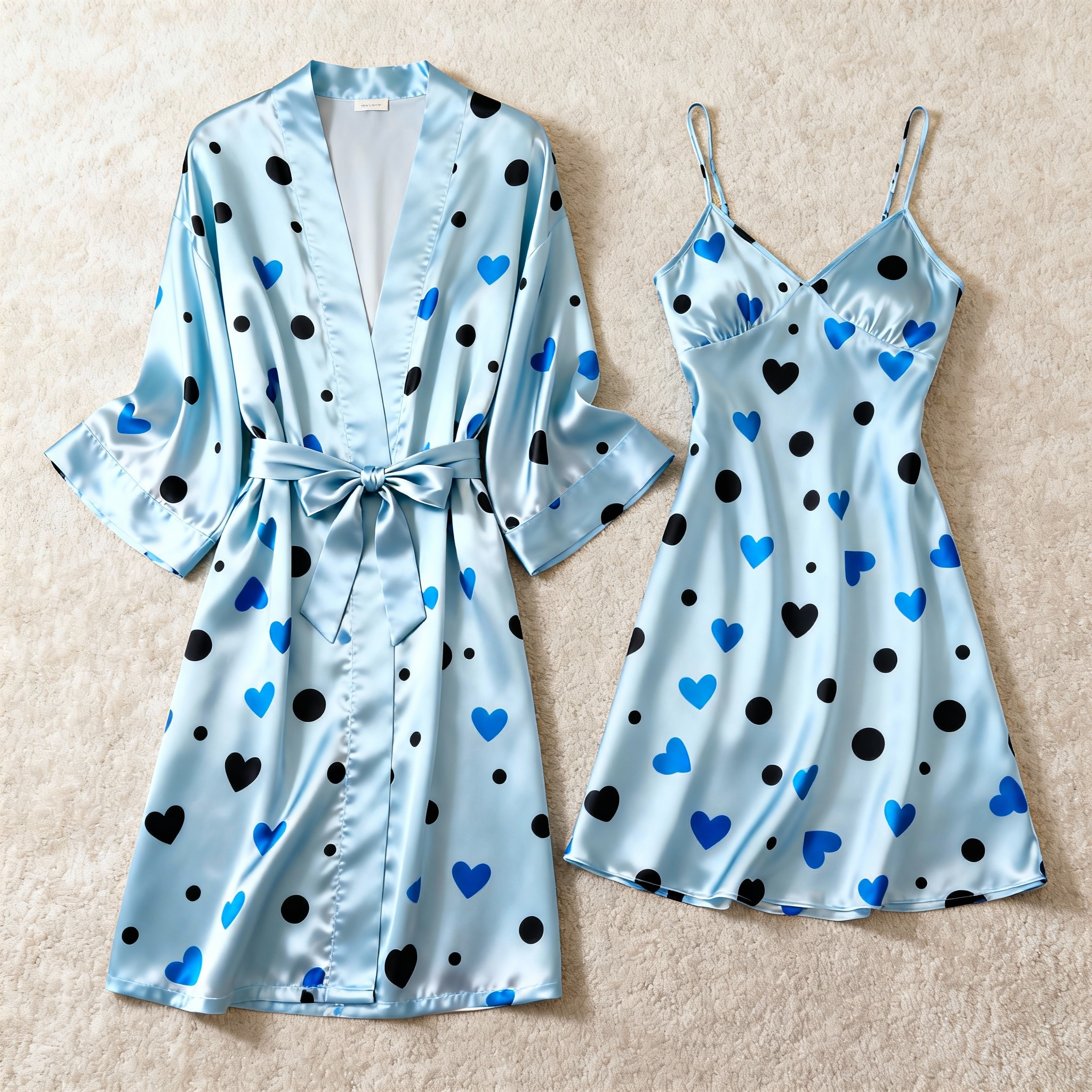 Blue Heart Printed Satin Robe & Slip Nightgown Set
