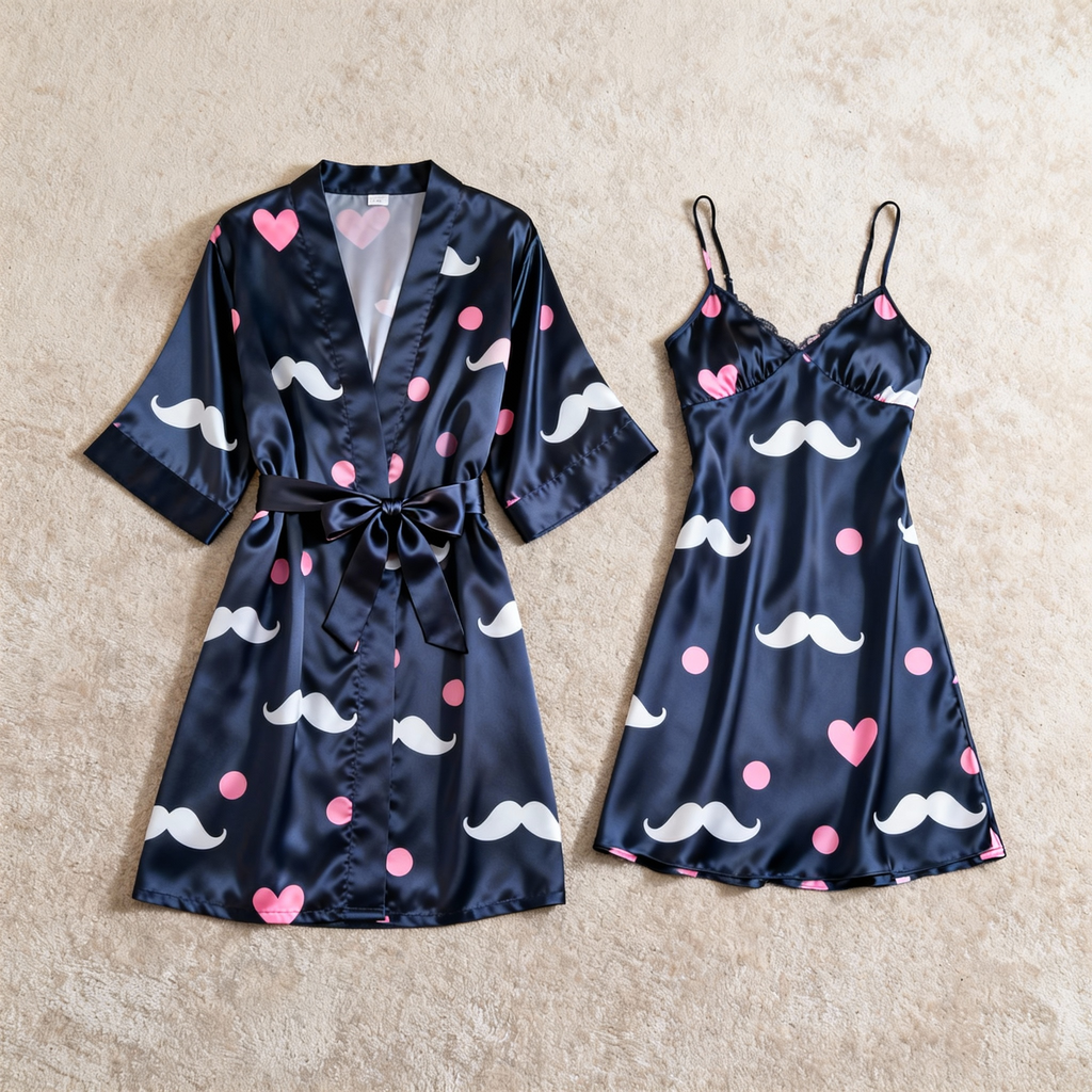 Beard and Heart-shaped Printed Satin Robe & Slip Nightgown Set