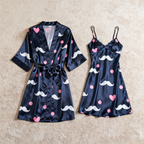 Beard and Heart-shaped Printed Satin Robe & Slip Nightgown Set