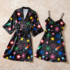 Star-shaped Printed Satin Robe & Slip Nightgown Set
