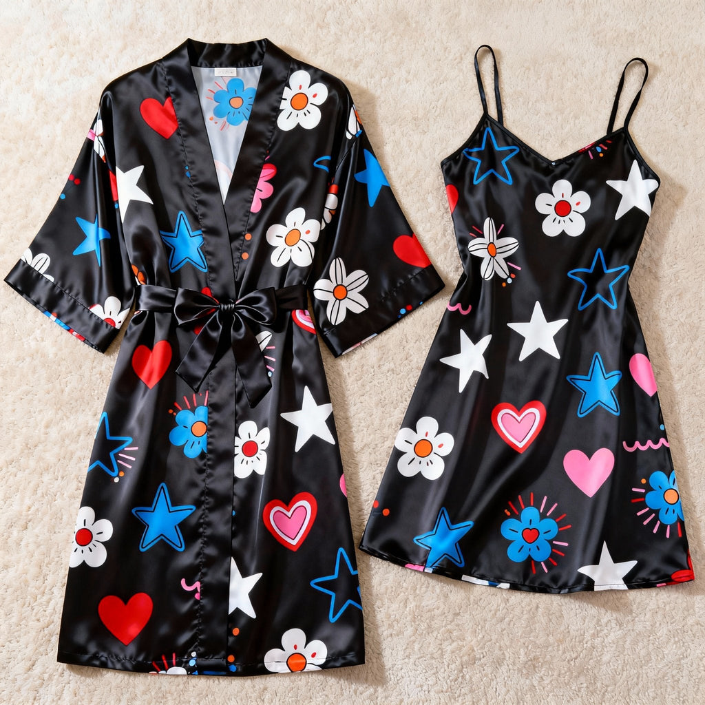 Womens Star Printed Satin Loungewear Set - Robe & Slip Nightwear