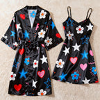 Womens Star Printed Satin Loungewear Set - Robe & Slip Nightwear