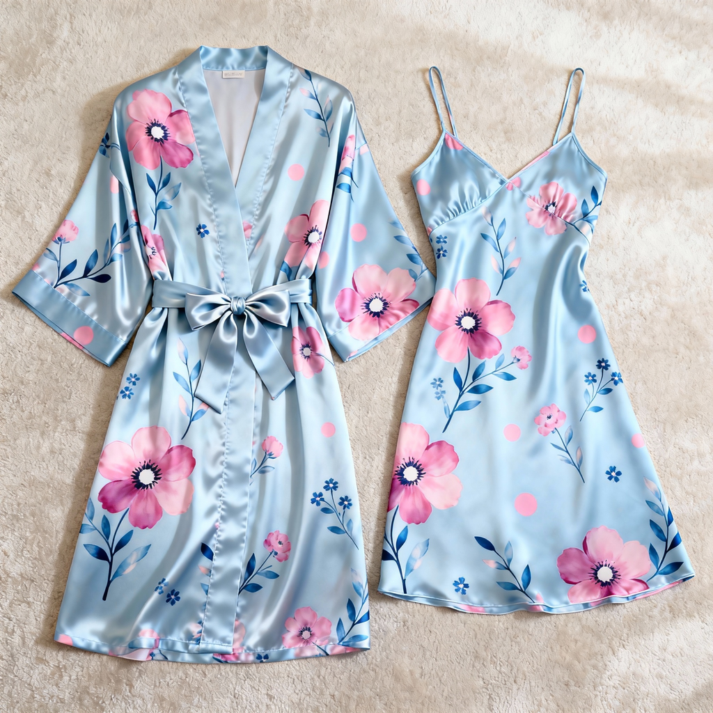 Womens Satin Loungewear Set - Robe & Slip Nightwear