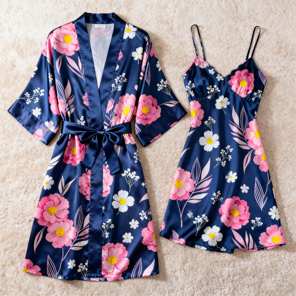 Lace Detail Satin Robe & Slip Set - Women's Nightwear