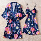 Lace Detail Satin Robe & Slip Set - Women's Nightwear