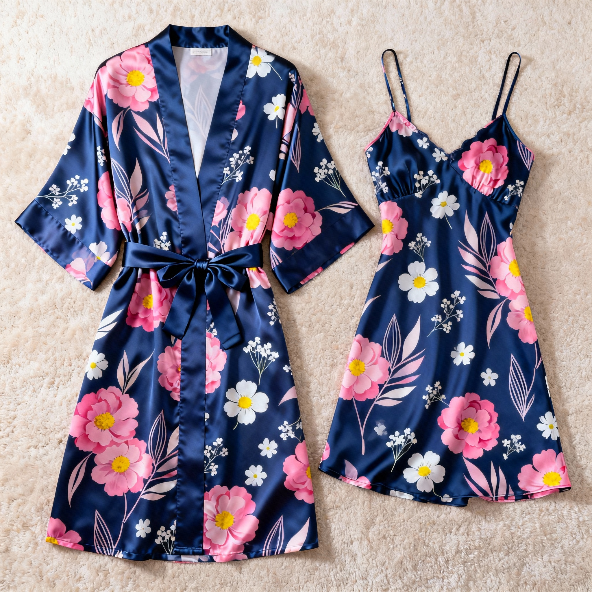 Lace Detail Satin Robe & Slip Set - Women's Nightwear